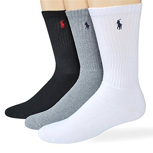 Polo Ralph Lauren Men's 3 Pairs Comfortable Cotton Long Crew Socks (Standard (Shoe Size 6-12.5), Black/Grey/White)