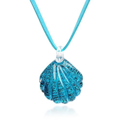 Hand Blown Venetian Murano Glass Ocean Blue Sea Shell Shaped Pendant Necklace, 18-20 inches