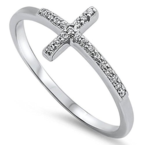 Sterling Silver 925 Sideways Cross Ring with Cubic-Zirconia Sizes 7-9 (7)