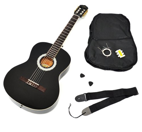 4/4 guitare de concert acoustique classique en noir avec housse rembourrée et...