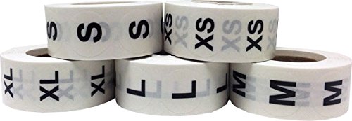 InStockLabels XS-XL Clothing Size Stickers 3/4 Inch 500 Per Size 2,500 Total Apparel Safe Adhesive Stickers, Clear With Black Lettering