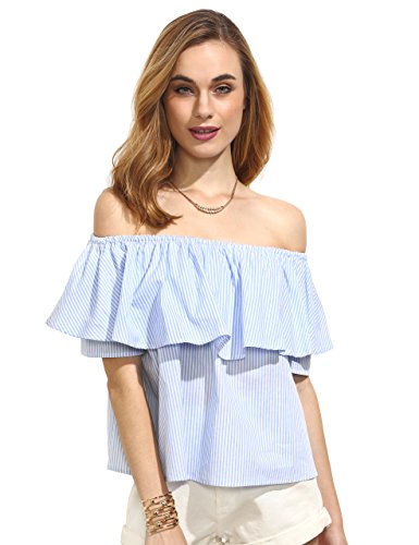 SheIn Women's Off Shoulder Striped Ruffles Short Sleeve Blouse