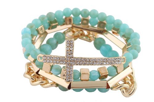 Turquoise with Goldtone 4 Piece Bundle of Iced Out Cross, Link, & Bar Chain Beaded Stretch Bracelet