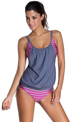 NuoReel Womens Stripes Lined Up Double Up Tankini Top Swimwear(FBA)