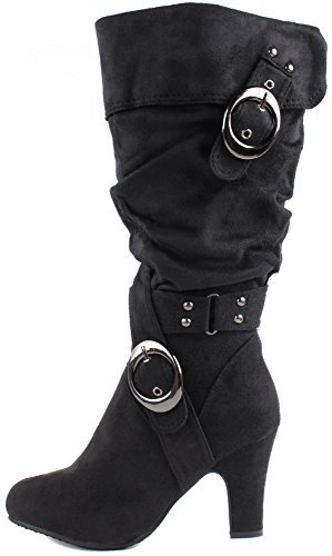 Top Moda Women's Strong-4 Suede Mid Heel Boots with Crossed Buckle Straps