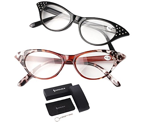 SOOLALA Womens Fashion Designer Rhinestone Cat Eye Magnifying Reading Glasses