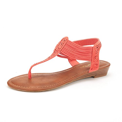 DREAM PAIRS SPPARK Women's Strappy String Rhinestones Thong Ankle Strap Gladiator Sandals CORAL SIZE 8