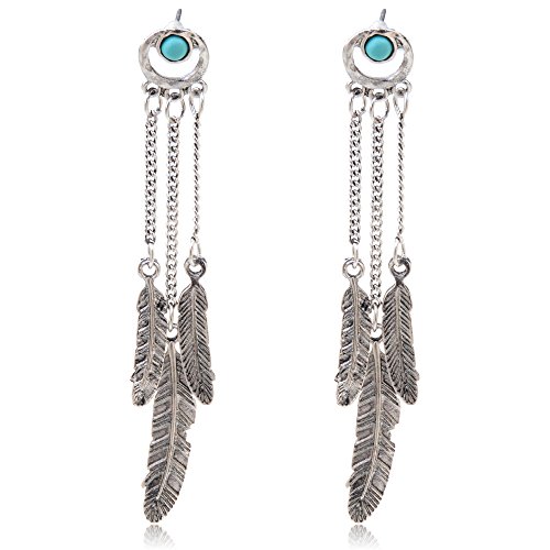 Ginasy Turquoise Earrings Luxurious Leaves Style Alloy Pendant Stud Earrings (Silver)