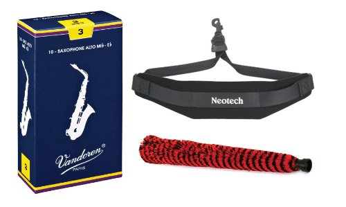 

Vandoren Alto Saxophone Reeds #3 - 10 Pack, Neotech Sax Strap, and H.W. Alto Sax Pad-Saver