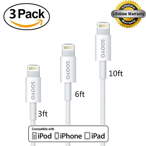 iPhone cable,SOOYO(TM) 3in1 3ft 6ft 10ft 8-Pin Lightning to USB Cable Sync and Charging Cord Wire for iPhone 6/6s iPhone 6/6s Plus iPhone 5 5c 5s iPad 4 Mini Air iPod Nano 7 iPod Touch 5(White,3pack)
