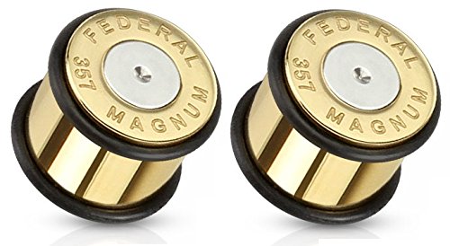Pair of Bullet 357 Magnum Gold Tone Large .357 Bullet Shell Ear Plugs O-rings