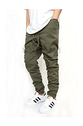 URBANJ MEN'S OLIVE TWILL DROP CROTCH JOGGER PANTS