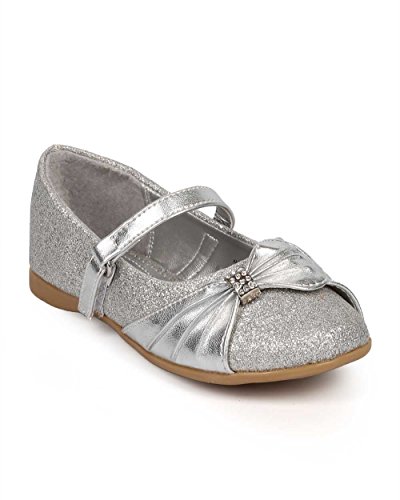 Little Angel DF70 Girl Glitter Round Toe Rhinestone Bow Mary Jane Flat (Toddler) - Silver (Size: Toddler 8)