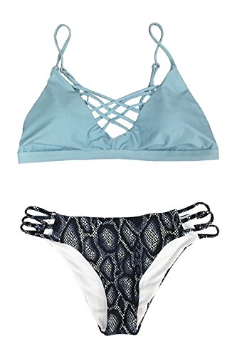 Cupshe Fashion Women's Sly Blue Lace Up Leopard Bottom Padding Bikini Set