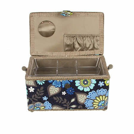 

Sewing Basket Sewing Box Blue Funky Floral Print Fabric Hobby Box Trimed in Grey Green ~ Medium Rectangle ~ 11" X 6" X 6.5" (28cm x 15cm x 16.5cm) with Handle, Magnetic Snap Clasp and Feet