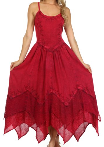 Sakkas Stonewashed Rayon Embroidered Adjustable Spaghetti Straps Long Dress