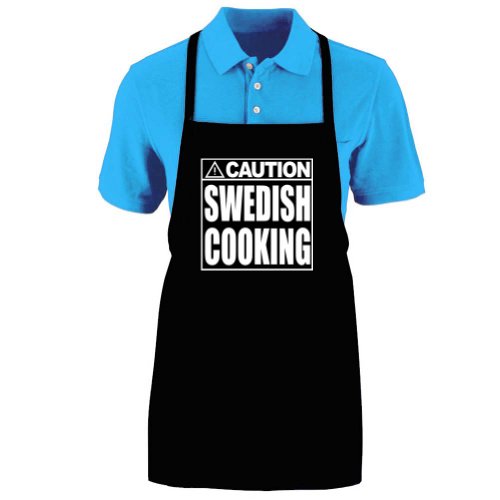 

Funny "CAUTION - SWEDISH COOKING" Apron; One Size Fits Most - Medium Length Kitchen Aprons for Men, Women, Teen, & Kids (Unisex); Soft Cotton Polyester Mix with DuPont Teflon Fabric Protector. Great gift idea.