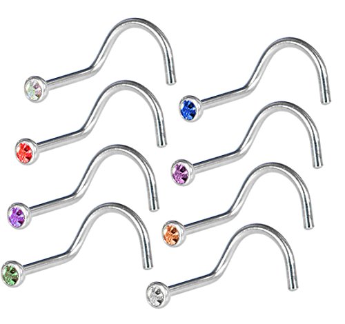 BodyJ4You Crystal Screw Nose Ring 8 Pieces with 1 Nose Retainer