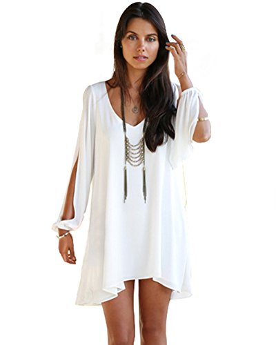 Flesser® Cool Women's Loose Round Neck Strapless A-line Casual Skirts Mini Dress (M, White)