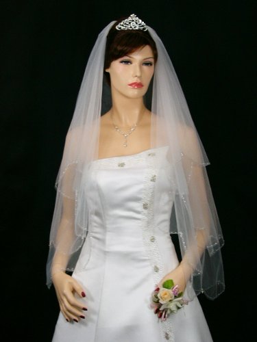 

2T 2 Tier Scallop Beaded Edge Dangle Crystal Bridal Wedding Veil