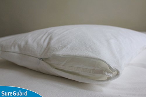 

Set of 2 SureGuard Pillow Protectors - 100% Waterproof - Hypoallergenic - Breathable Soft Cotton Terry Cover - Zippered Pillowcase Blocks Bed Bugs, Dust Mites, Allergens, Mildew & Mold - Superior Quality - 30 Day Return Guarantee - 10 Year Warranty
