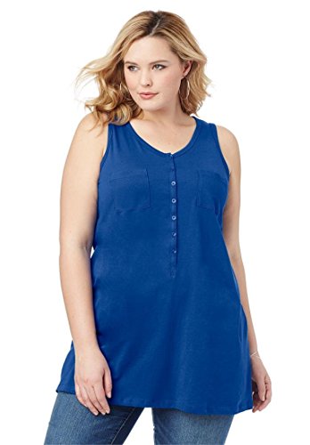 Roamans Women's Plus Size 2 Pocket Henley Max Tank