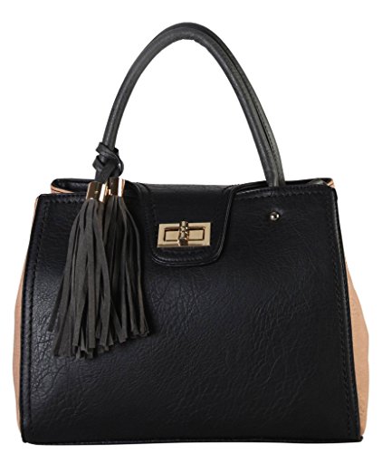 Diophy PU Leather Two Tone Tote with Turn Lock Closure and Tassels Décor Womens Purse Handbag SE-3388