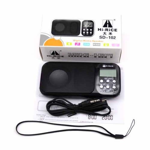

Hi-Rice Portable Mini Digital Media Speaker with FM Radio USB Micro SD Slot Lights Alarm Clock Display for iPhone / iPad / iPod / MP3 Player / Laptop / Tablet