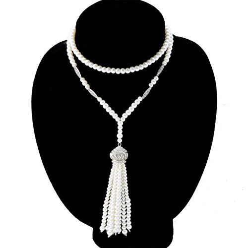 Babeyond ART DECO 1920's Flapper Great Gatsby Inspired CROWN TASSEL Necklace of Imitation Pearls