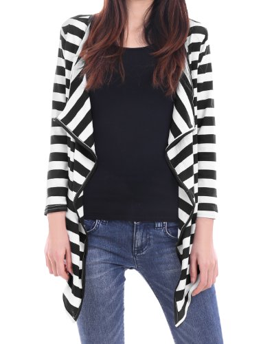 Allegra K Women Open Front Hanky Hem Black and White Striped Cardigan
