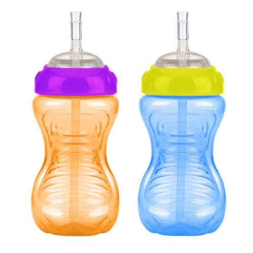 Nuby 2-Pack 10 oz No-Spill Cup with Flexi Straw, Blue/Orange