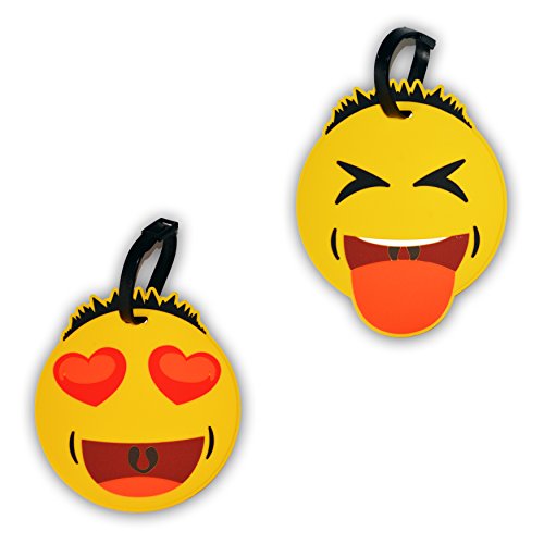 Asian Emoji Travel Luggage Tags (2 Pack: Heart Eyes & Stuck-Out Tongue Face) - Ideal For Any Airline Luggage Bag, Business Briefcase Or School Backpack By Emochies