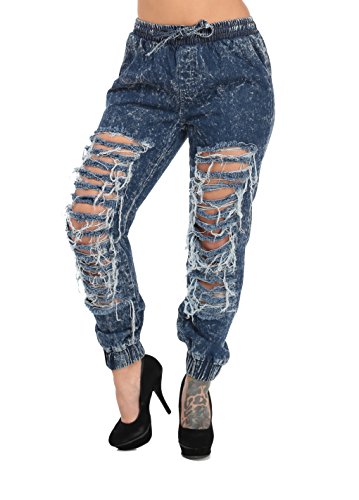 

Women's Ripped Denim Joggers, Acid Wash 60432