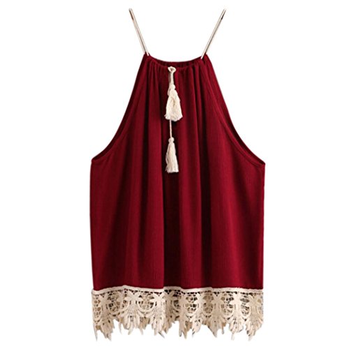 Gillberry Women Lace Trimmed Tasselled Drawstring Blouse Tank Tops T shirt