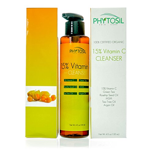 15% Vitamin C Facial Cleanser - Non-Drying, Alcohol & Sulfate-Free. Remove Oil & Dirt, Unclog Pores. Contains Green Tea, Rosehip Seed Oil, MSM, Tea Tree Oil & Argan Oil - Phytosil 4 OZ