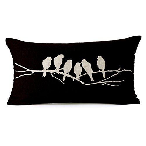 HomeTaste Country Rustic Birds Decorative Thick Cotton Linen Lumbar Pillow / Throw Pillow Cover  for Bed Sofa Couch Black 12x20