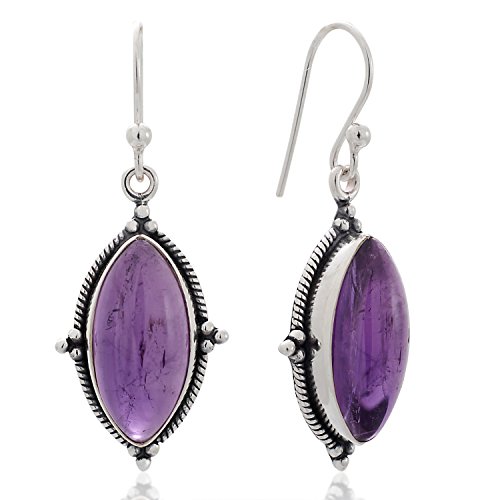 925 Sterling Silver Natural Gemstone Vintage Marquise Shape Rope Edge Dangle Hook Earrings 1.4
