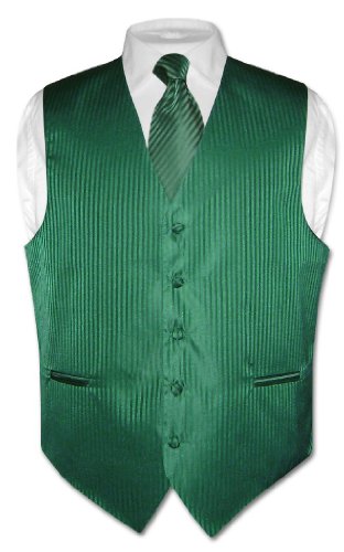 Men's Dress Vest NeckTie EMERALD GREEN Color Vertical Stripe Design Neck Tie Set