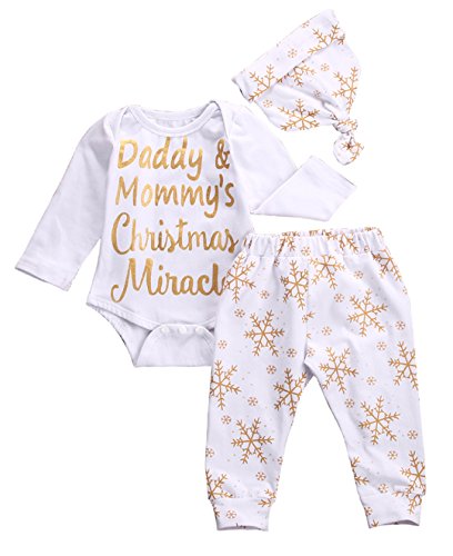 Baby Girls Christmas Snowflake Bodysuits with Leggings and Hat 3pcs Outfit Set (3-6M, White)