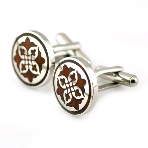 PenSee Unique Stainless Steel & Red Wood Floral Cufflinks for Men with Gift Box