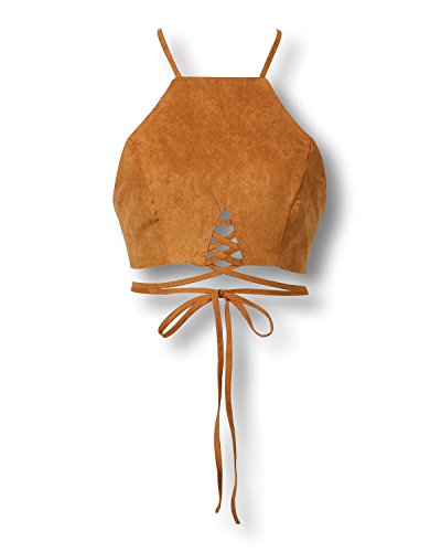Persun Women's Camel Faux Suede Cut Out Multi Strap Tied Crop Top