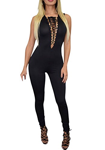 Sexy Womens Lace-up Bust Deep V Neck Key Hole Back Sleeveless Jumpsuit