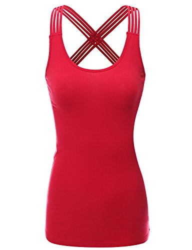 Doublju Women Sleeveless Round Neck Back Cross Strap Designed Long Tank Top