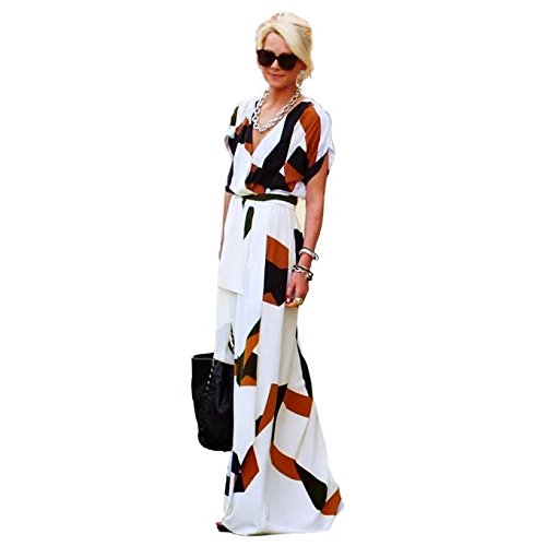 2016 Newest Irregular Printing Dress Sexy Deep V-neck Maxi Skirt with Belt