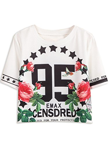 Persun Women 95 Floral Print White Crop T-shirt Top