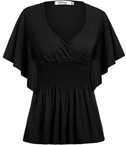 Meaneor Women V-neck Slimming Short Sleeve Smocked Empire Waist Tank Batwing Top
