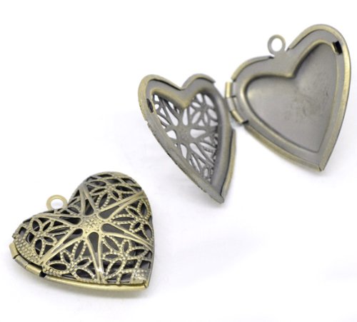 

10 Antique Bronze Heart Photo Locket Charm Pendant Filigree