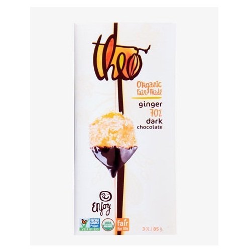Theo Organic Fair Trade Ginger 70% Dark Chocolate, 3 Oz (Pack of 4)