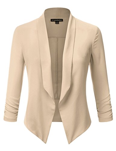 JJ Perfection Women's Texture Woven Chiffon Ruched Sleeve Open-Front Blazer