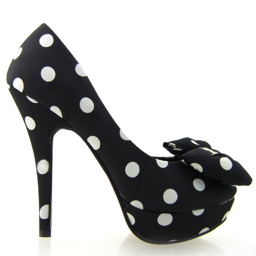 Show Story Two Tone Spot Polka Dots Bow Stiletto Platform High Heel Pump,LF30406